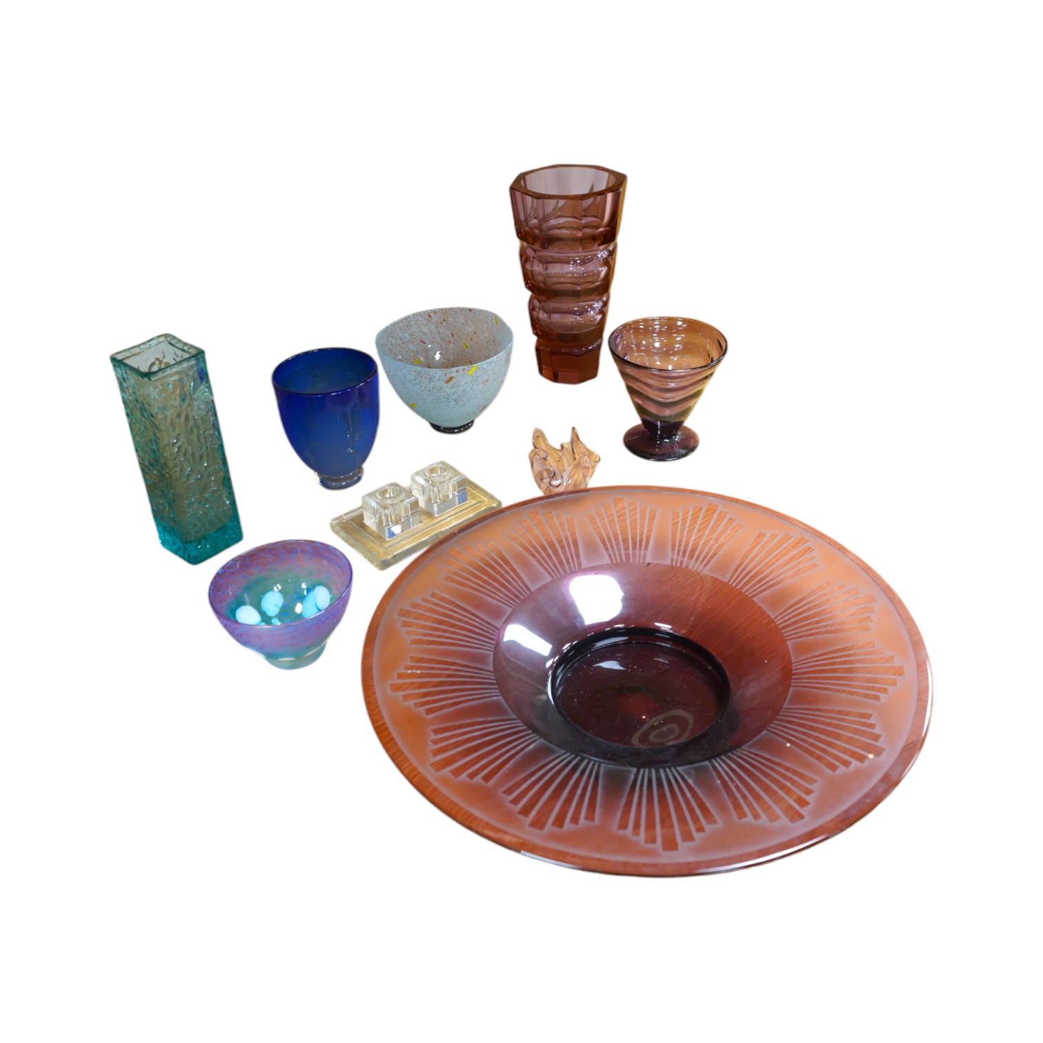 A Tcheco glass dish, a Whitefriars style vase and other glass including Kosta Boda, largest 45cm. Condition - good